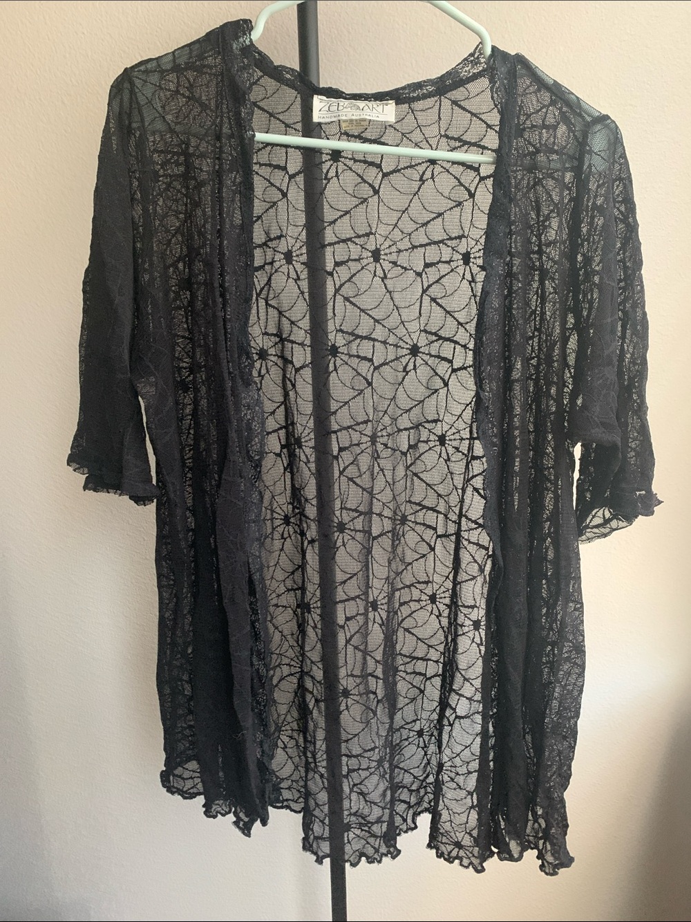Vintage Zeb Art Sheer Black Cobweb Pattern Lace Open Cardigan